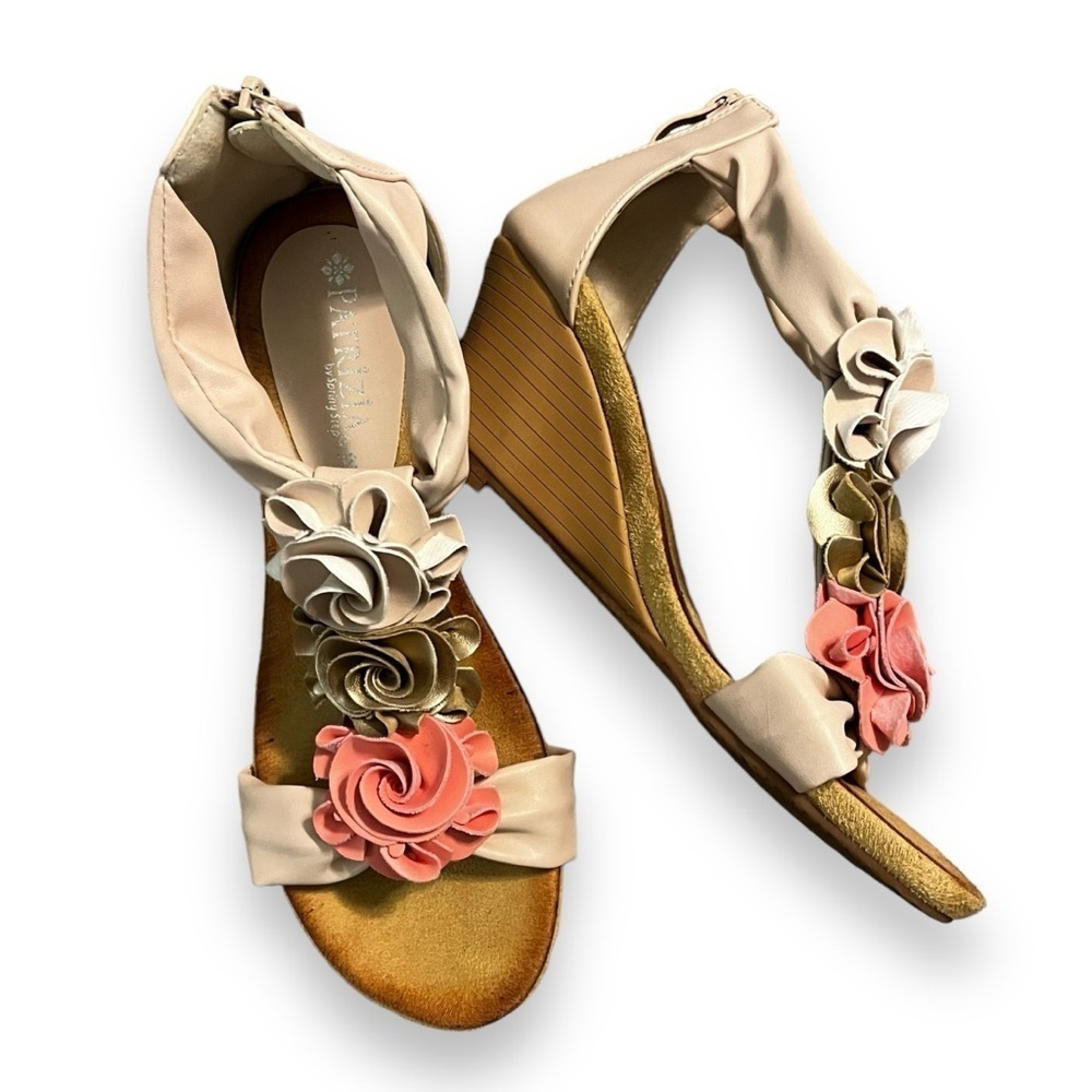 Patrizia Harlequin T-strap Wedge Sandals Rosettes back zip open toe EU 38/7.5